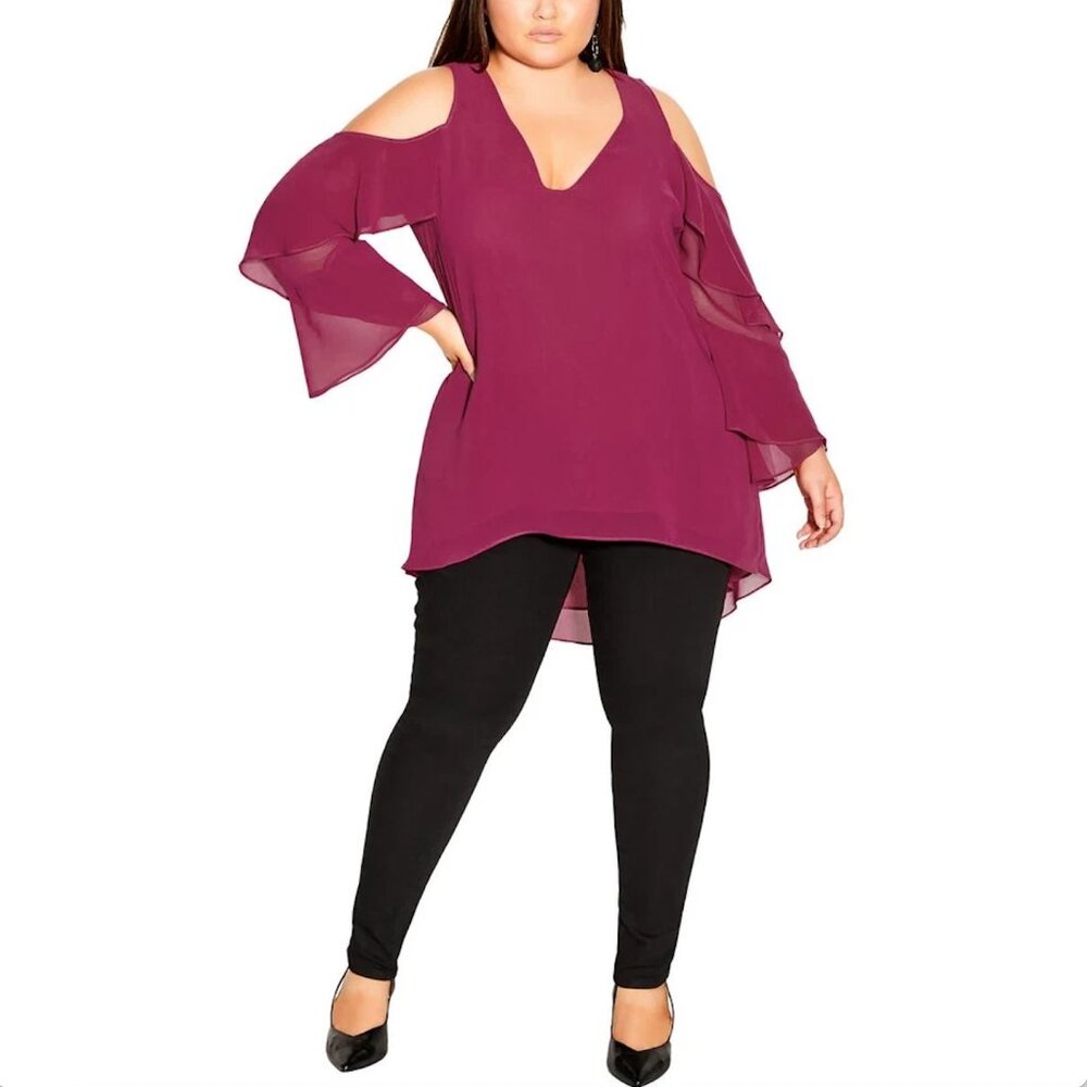 City Chic Hi Lo Cold Shoulder Top - Sangria size S/16
